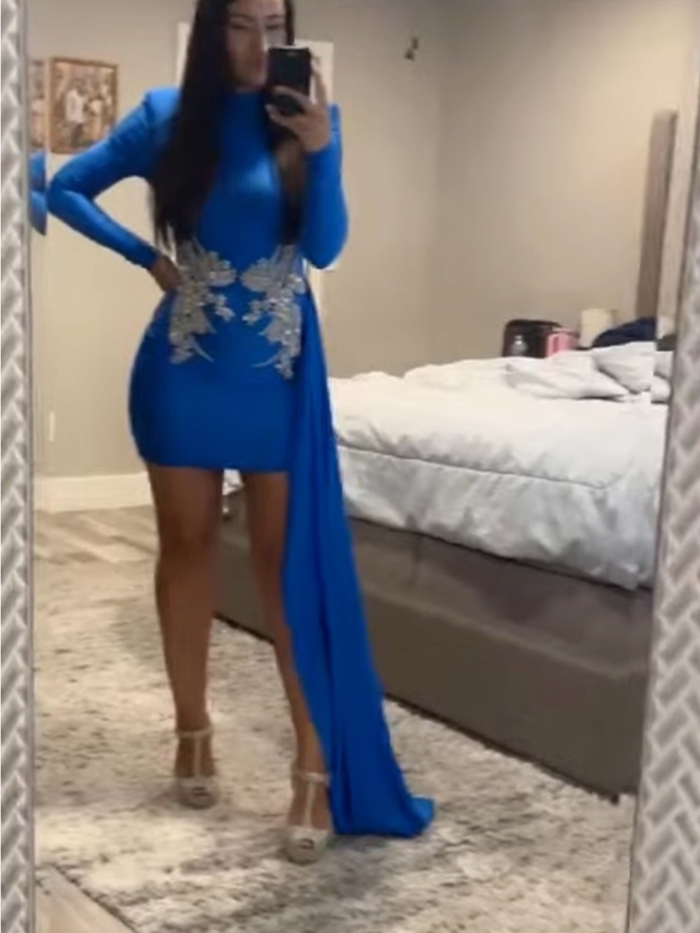 Royal Blue Long-Sleeve Mini Dress with Draped Train and Crystal Appliqué